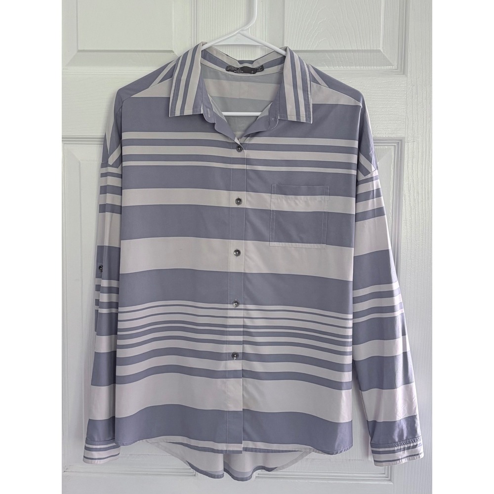 Prana Button Down Shirt S Blue White Striped Long Sleeve Pocket Top
